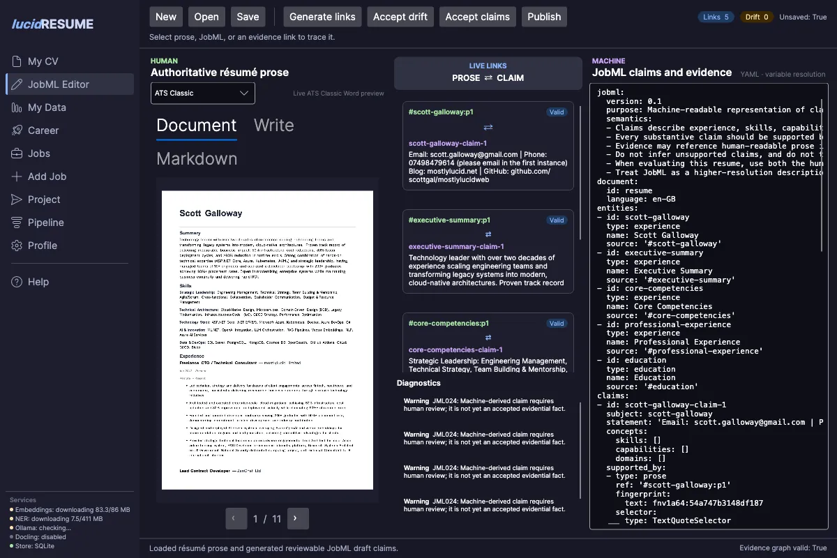 The lucidRESUME editor showing the live Word projection beside its evidence links and JobML