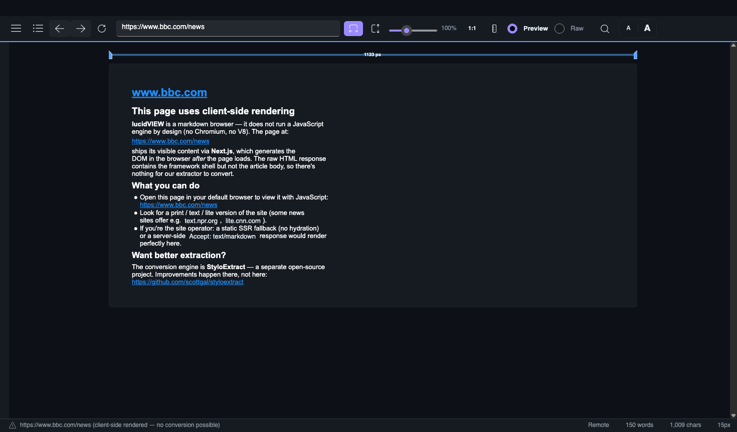 lucidVIEW loading bbc.comM SK1news:detects NextSide rendering is not supported and offering an open-inM SK8browser handoff~.~ Status bar shows the warningMSC10triangle sourceMST11mode icon plus a MST12client MST13side renderedMTS14~ no conversion possibleMSS15 tag MTS16