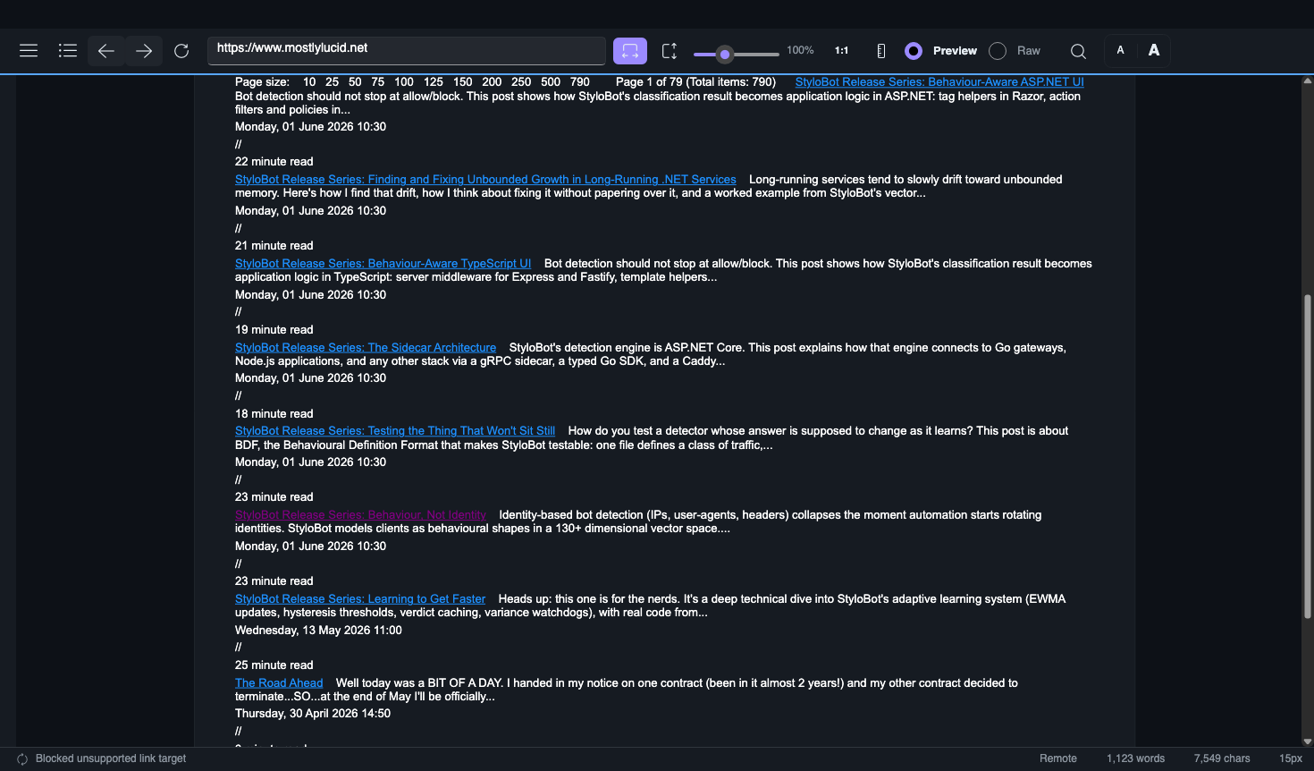 mostlylucid.net rendered in lucidVIEW after the v 1.7.1 walker fix: every blogM SK3post card resolves as a real clickable link with its summary as a proper paragraph