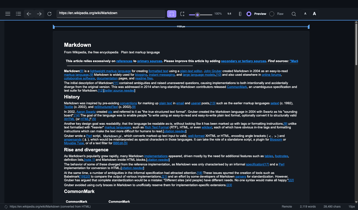 Wikipedia's Markdown artikla rendered inside lucidVIEW via StyloExtract